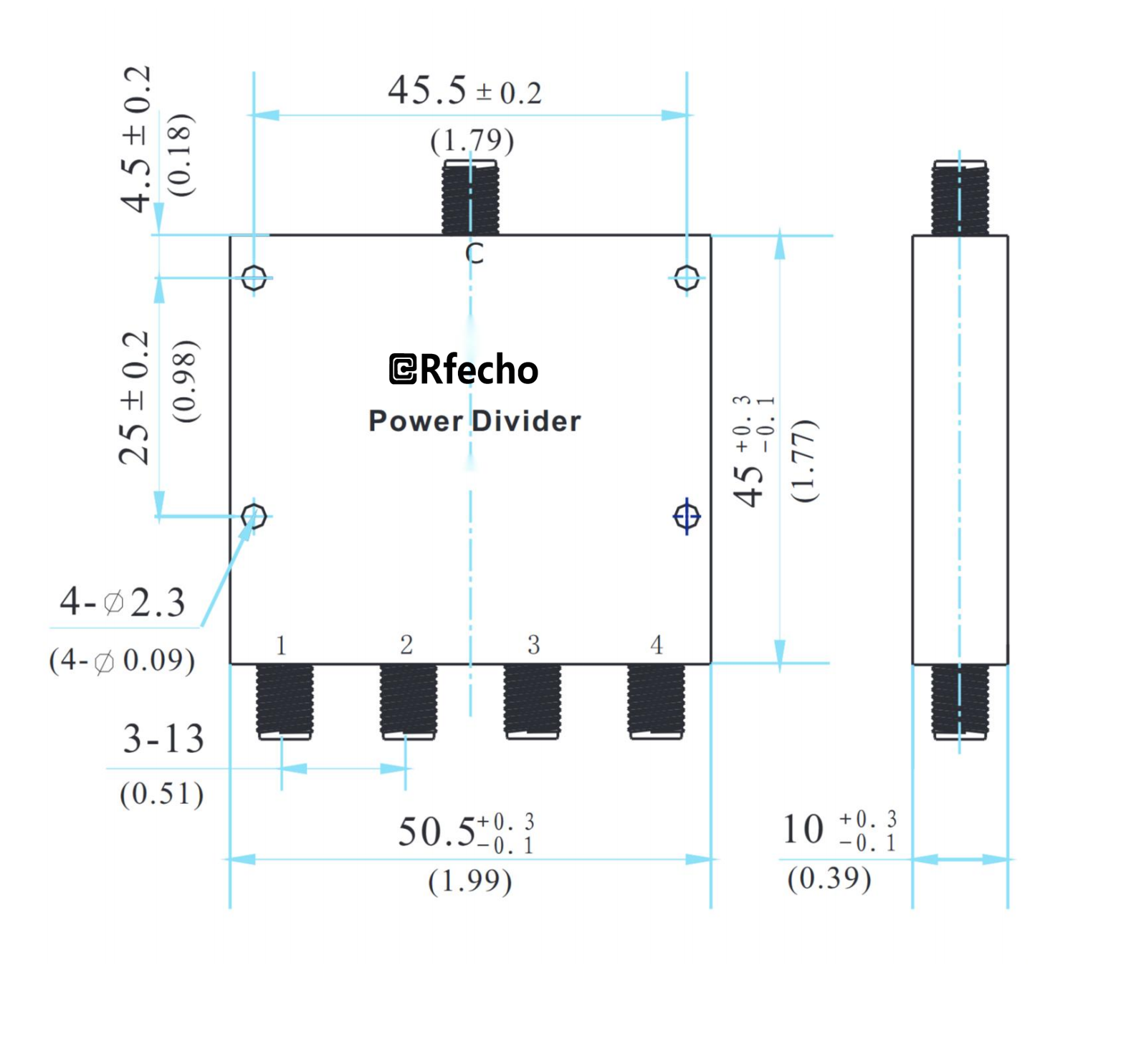 6-18GHz Insertion Loss 1.30dB SMA Connector 0° Power Divider-Outline