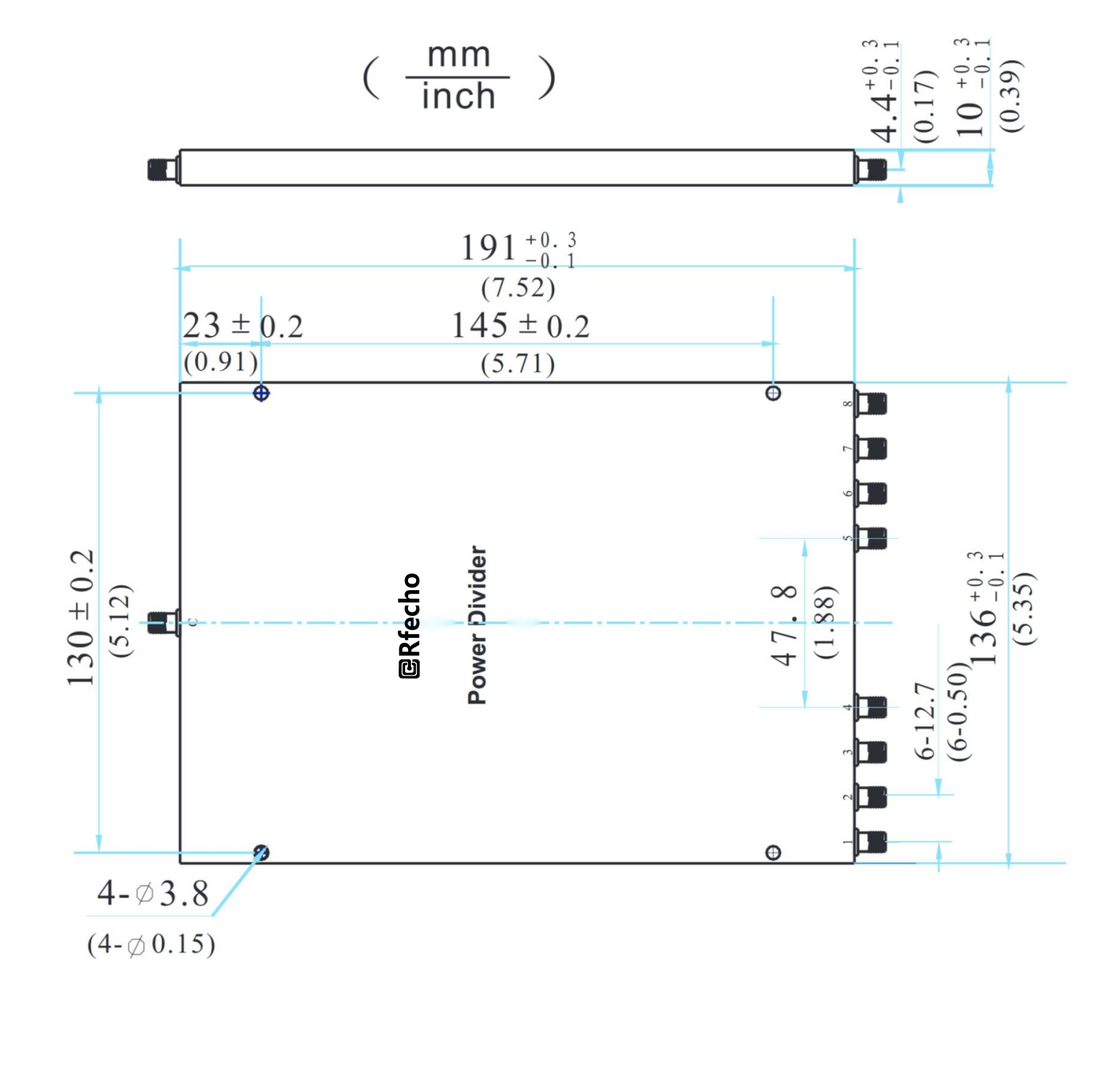 0.5-6GHz Insertion Loss 3.00dB SMA Connector 0° Power Divider-Outline