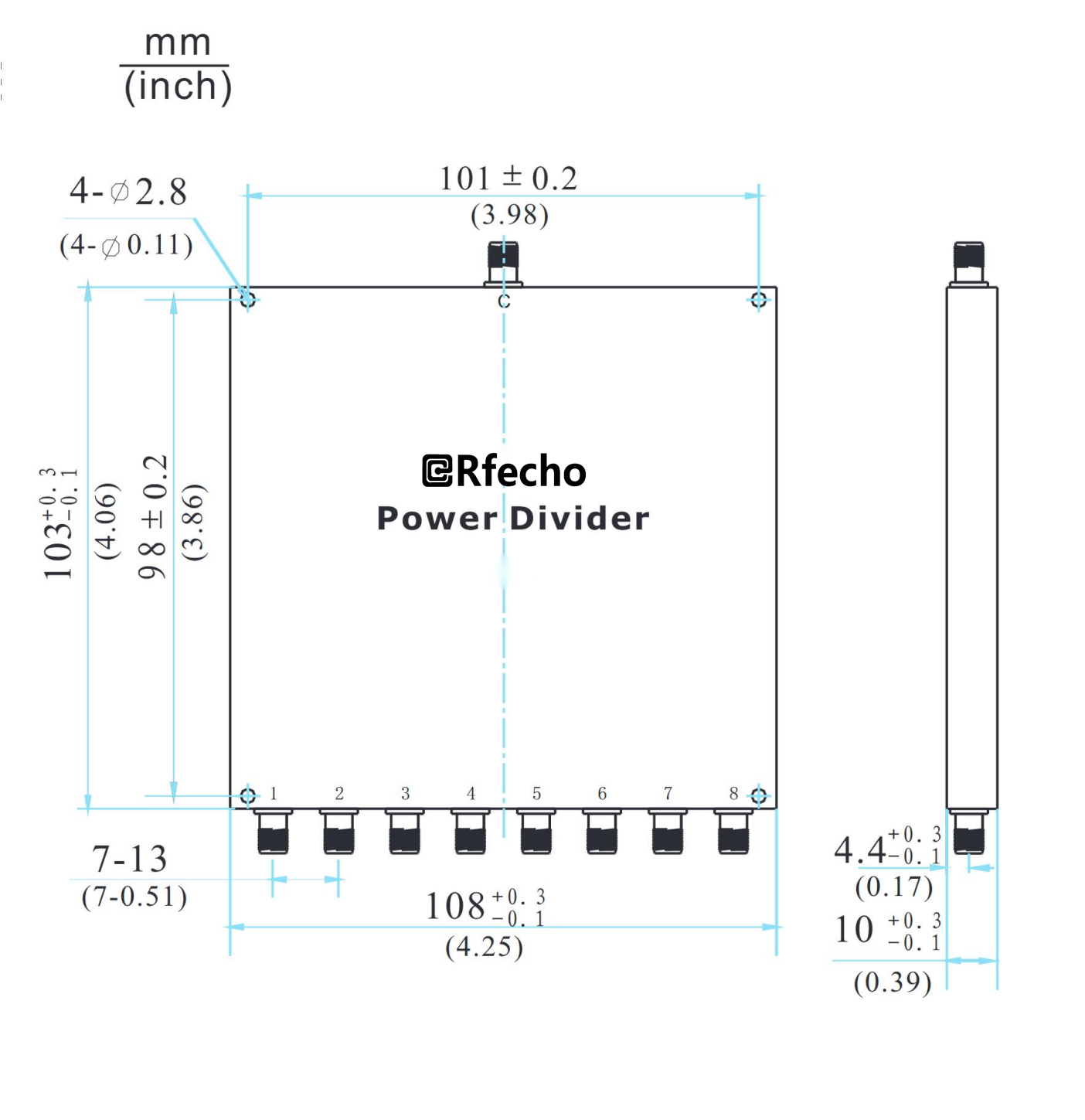 0.5-2GHz Insertion Loss 1.50dB SMA Connector 0° Power Divider-Outline