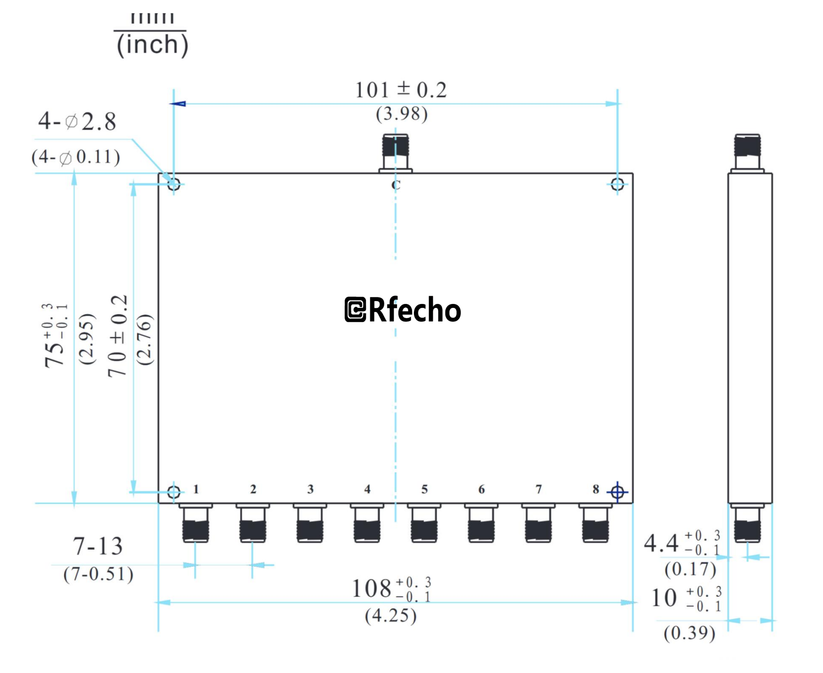 0.8-2.5GHz Insertion Loss 1.20dB SMA Connector 0° Power Divider-Outline