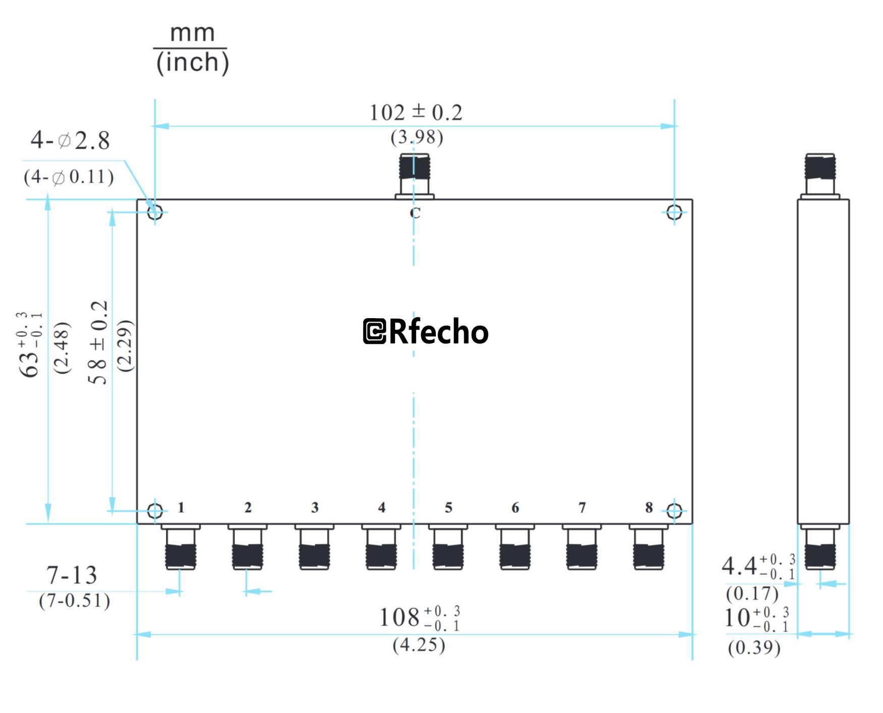 1-4GHz Insertion Loss 1.50dB SMA Connector 0° Power Divider-Outline