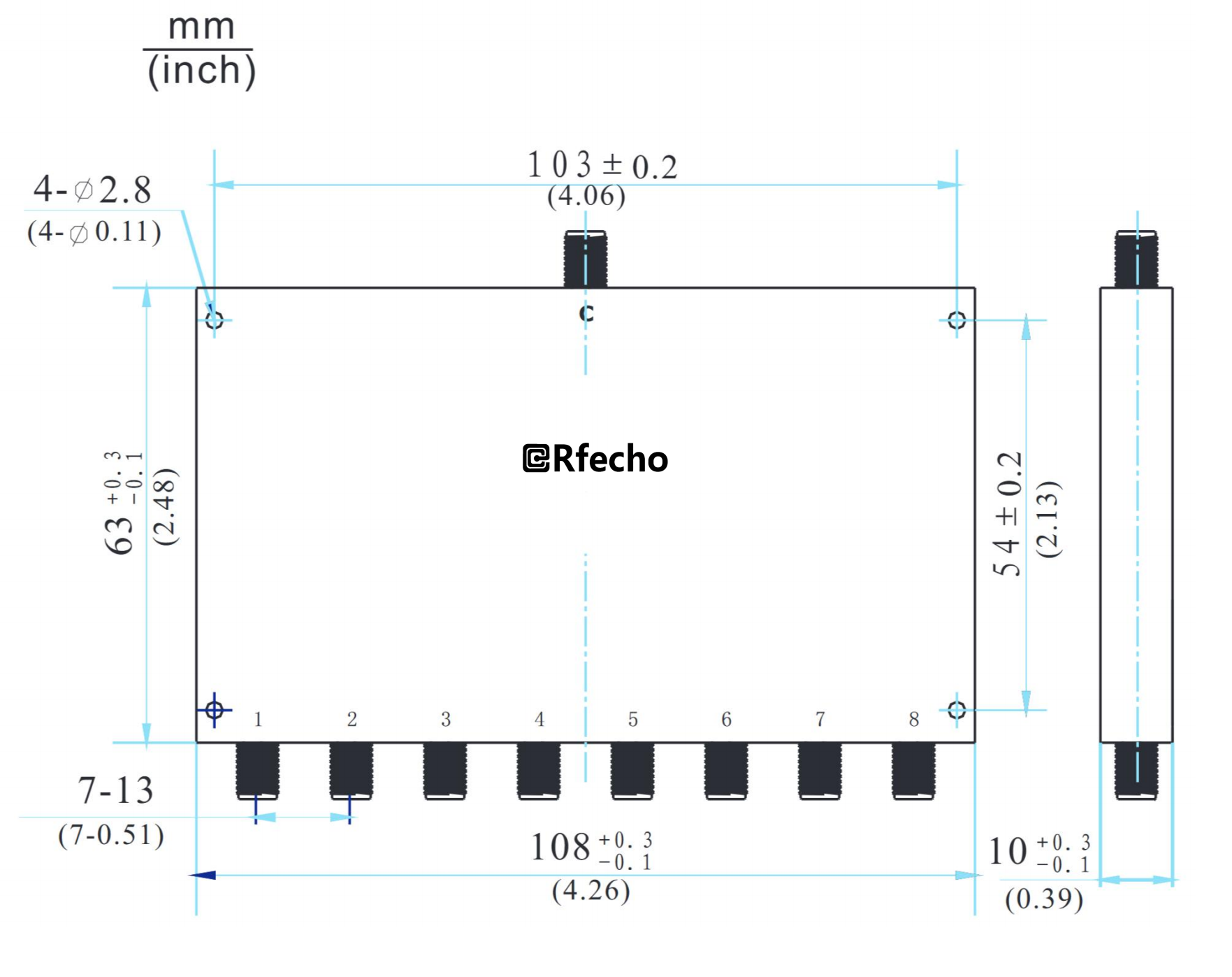 2-8GHz Insertion Loss 1.80dB SMA Connector 0° Power Divider-Outline