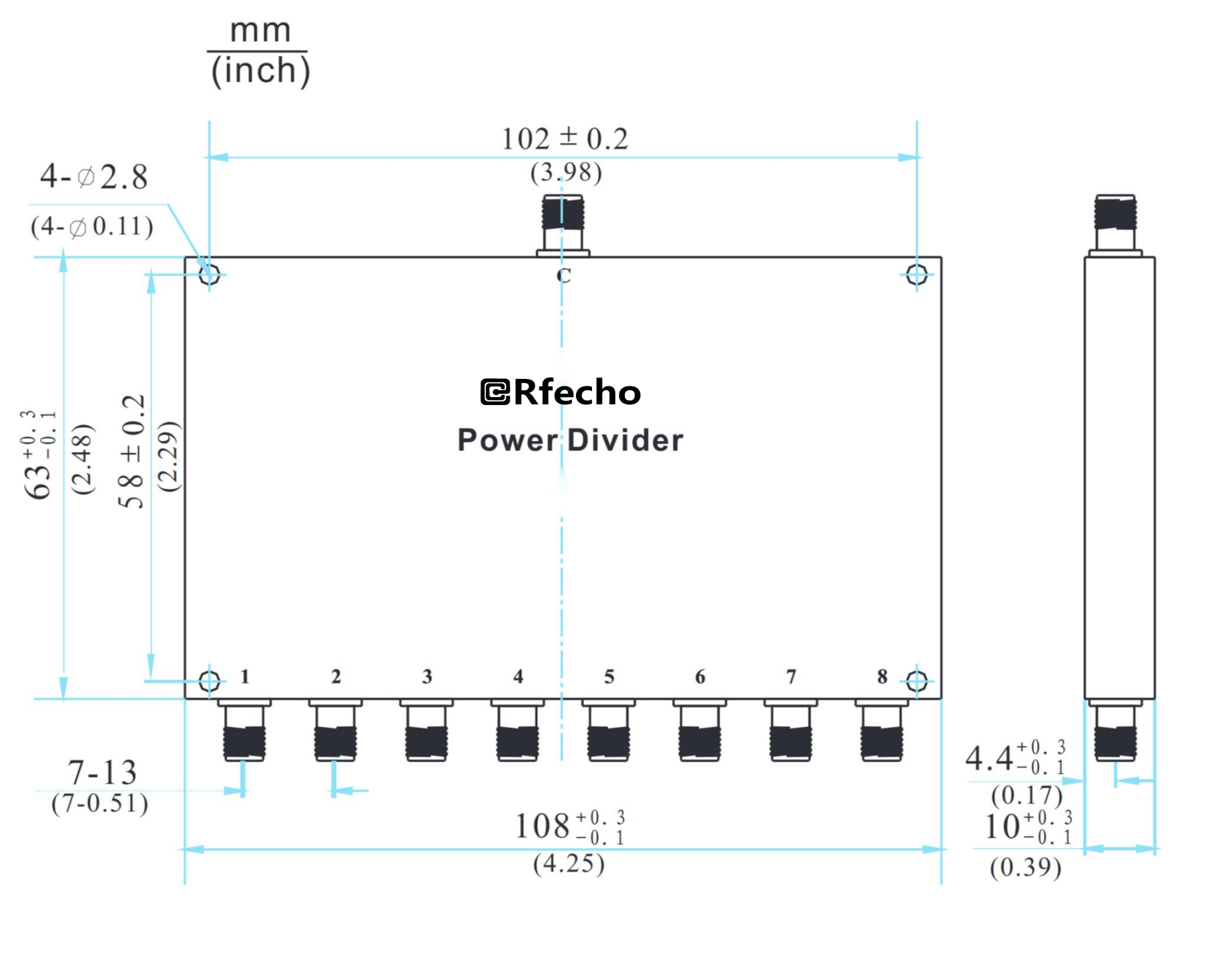 2-4GHz Insertion Loss 0.90dB SMA Connector 0° Power Divider-Outline