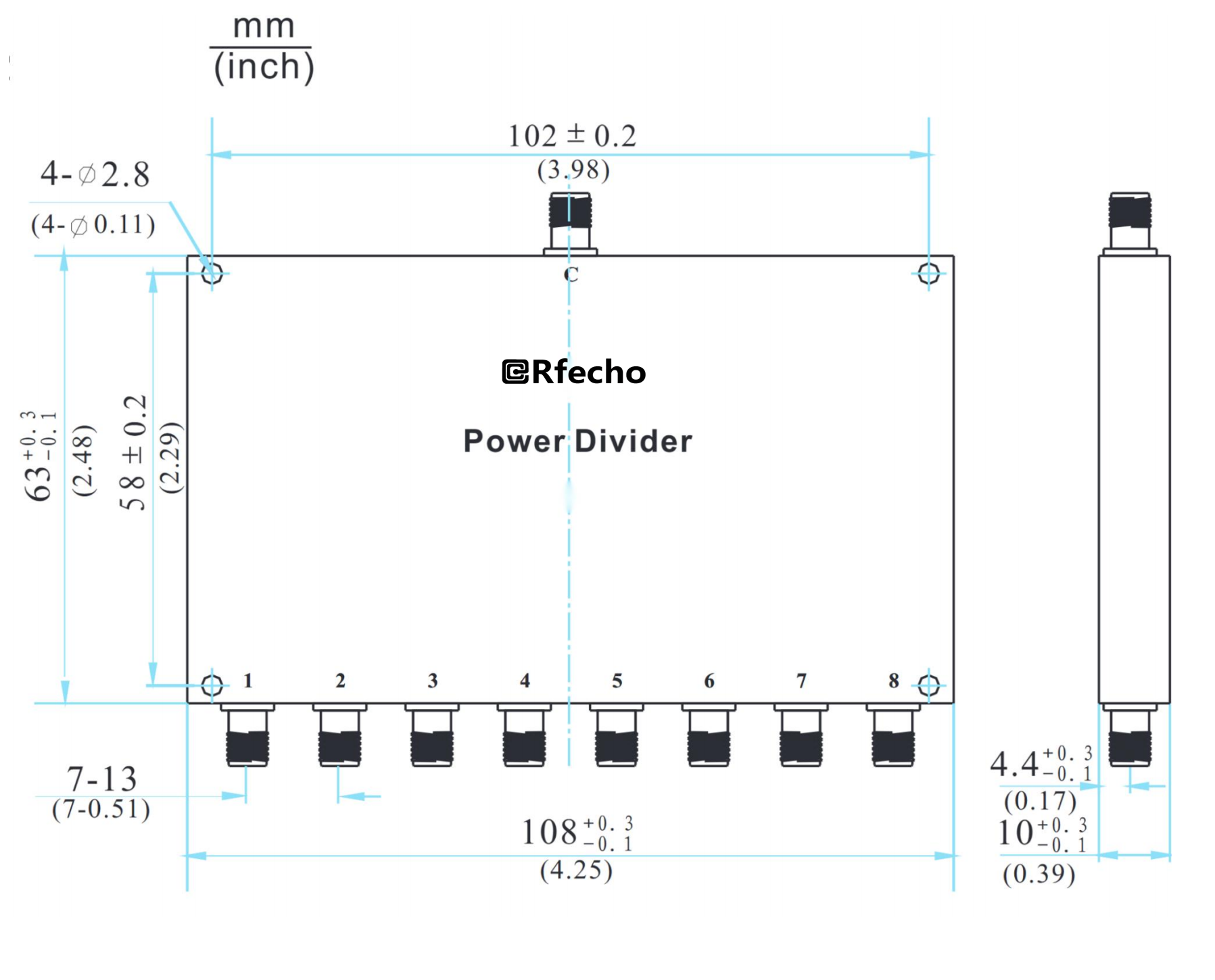 4-8GHz Insertion Loss 1.20dB SMA Connector 0° Power Divider-Outline