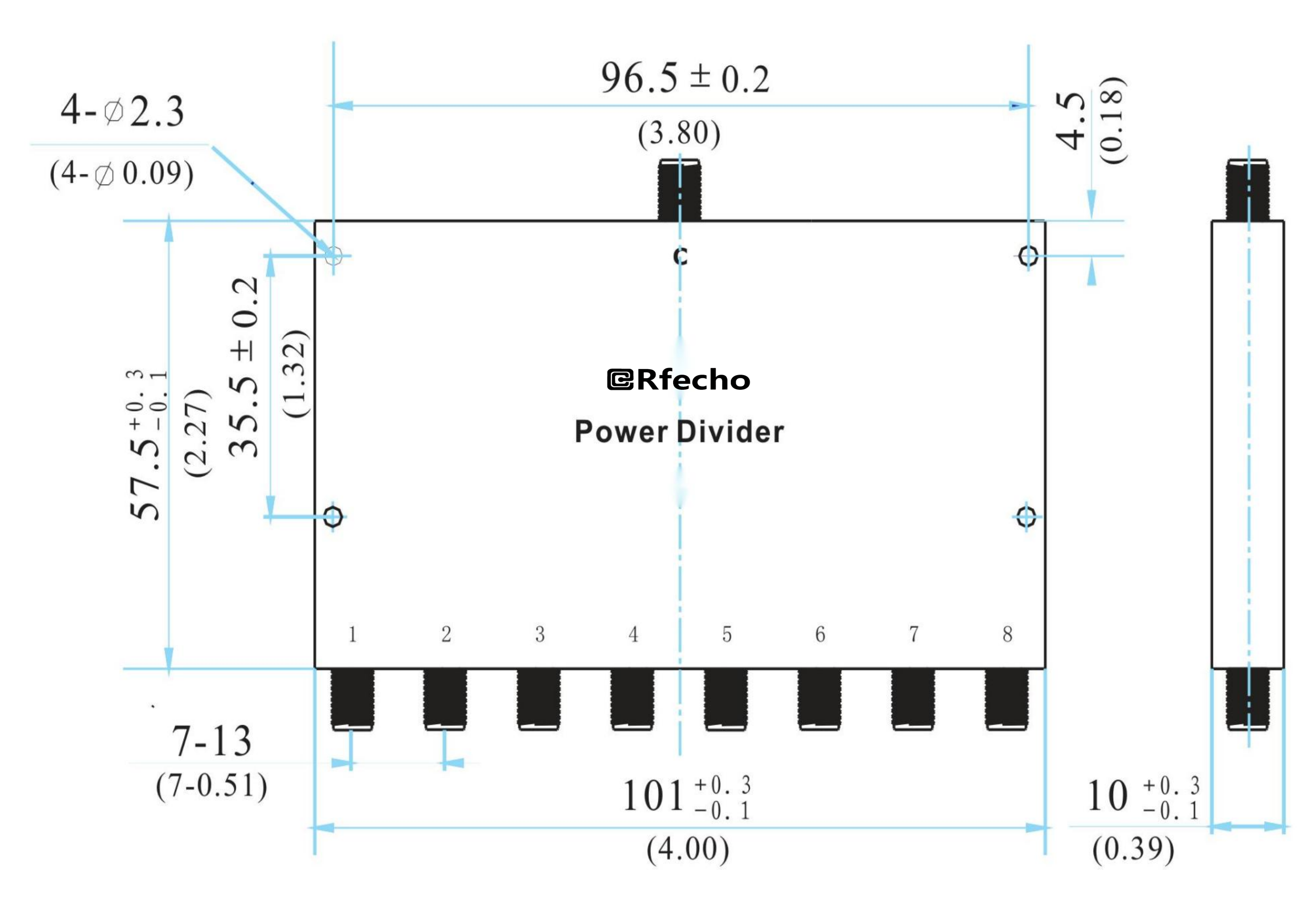 6-18GHz Insertion Loss 2.10dB SMA Connector 0° Power Divider-Outline