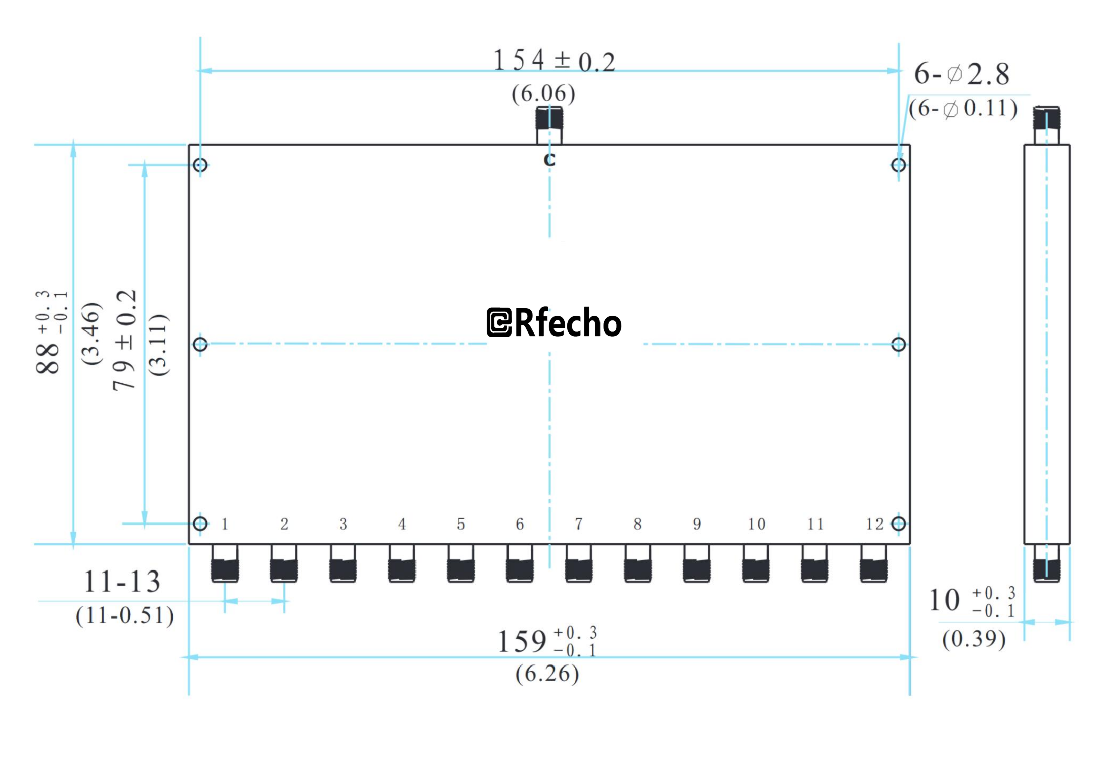 2-8GHz Insertion Loss 2.20dB SMA Connector 0° Power Divider-Outline