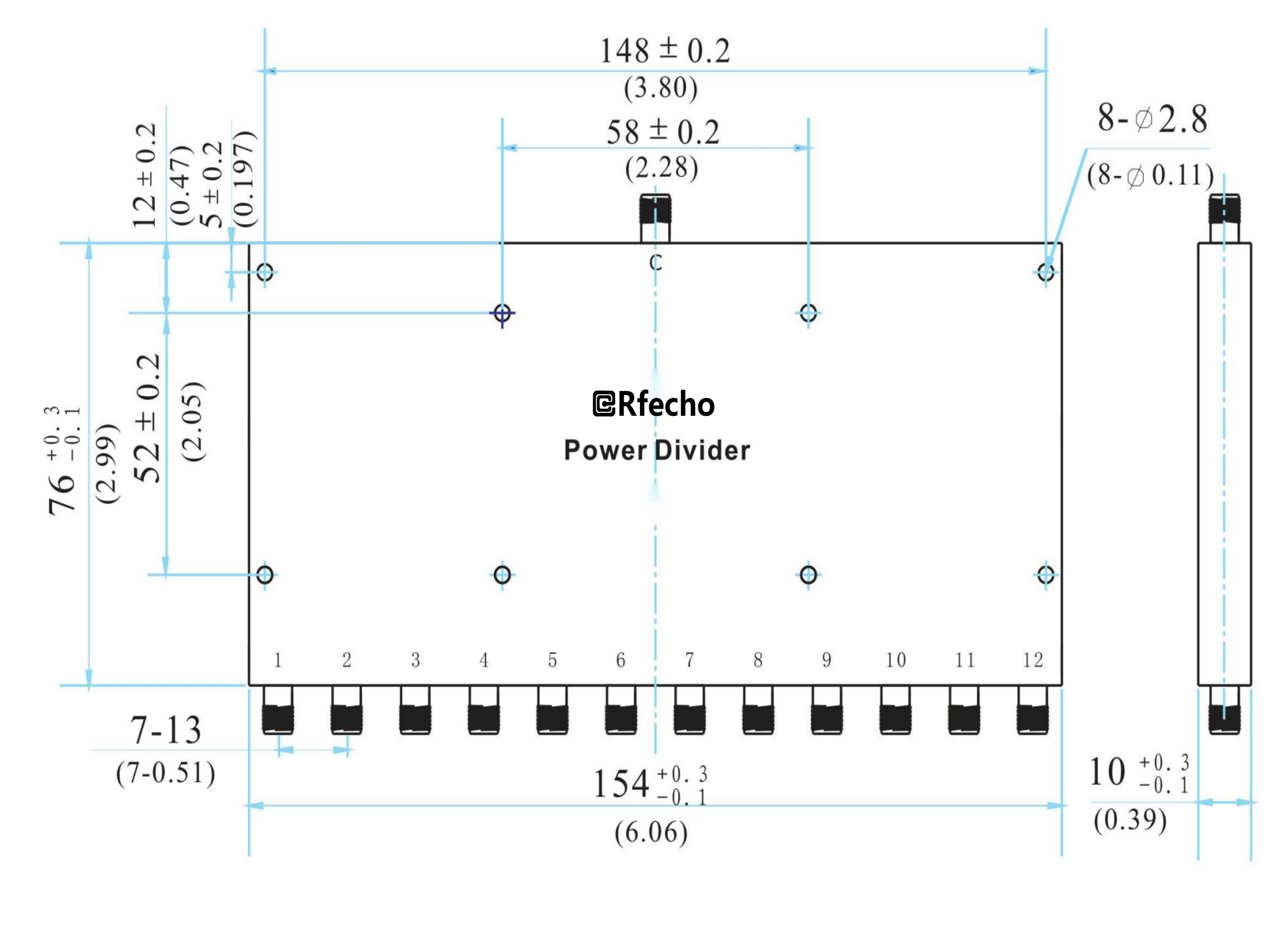 8-18GHz Insertion Loss 2.50dB SMA Connector 0° Power Divider-Outline