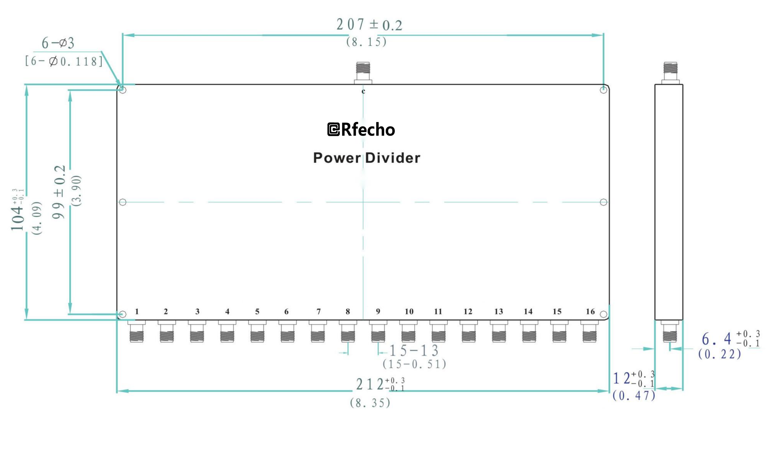 0.8-2.5GHz Insertion Loss 1.70dB SMA Connector 0° Power Divider-Outline