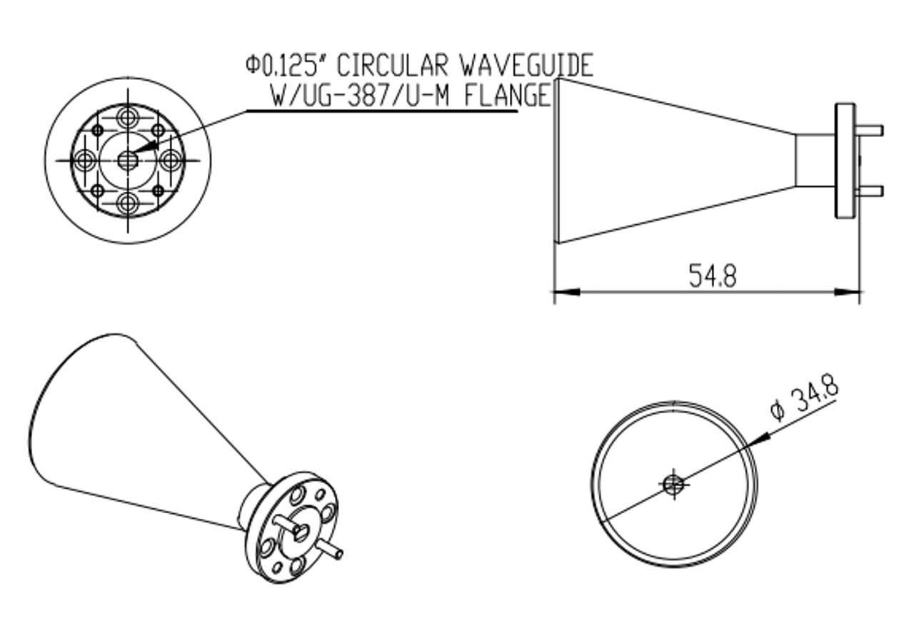 23 dBi Gain, 68 GHz to 77 GHz, 0.125″ Diameter Circular Waveguide WR-125 Waveguide E Band Conical Horn Antennas-Outline