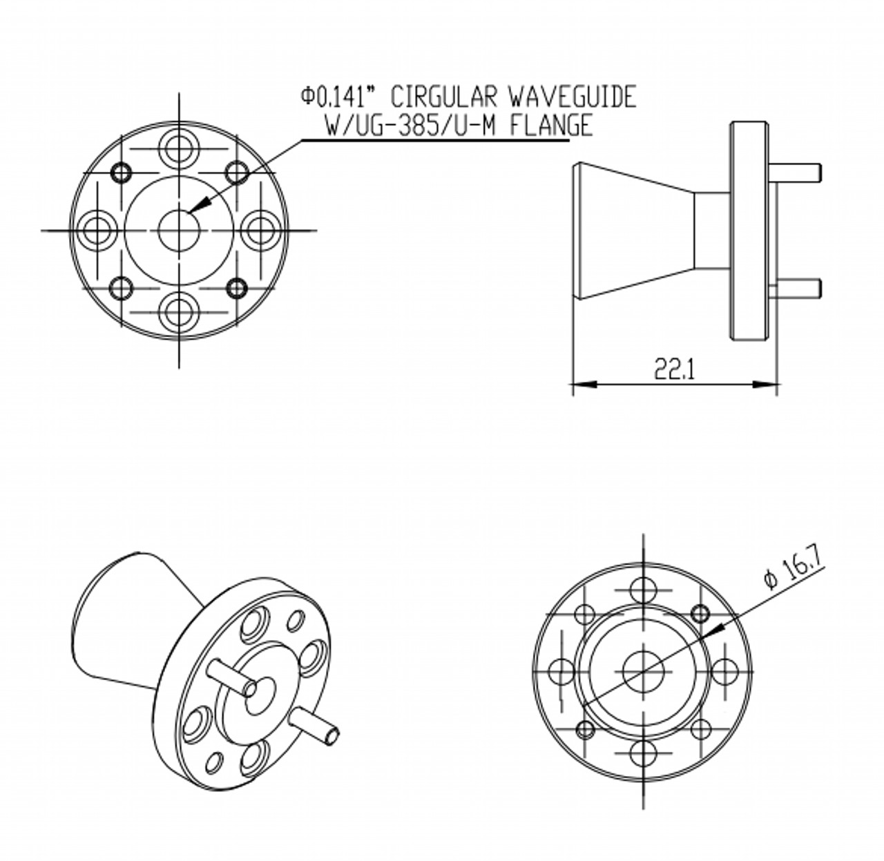 WR-141 - Circular Waveguide - V Band - Conical Horn Antenna - 15dBi