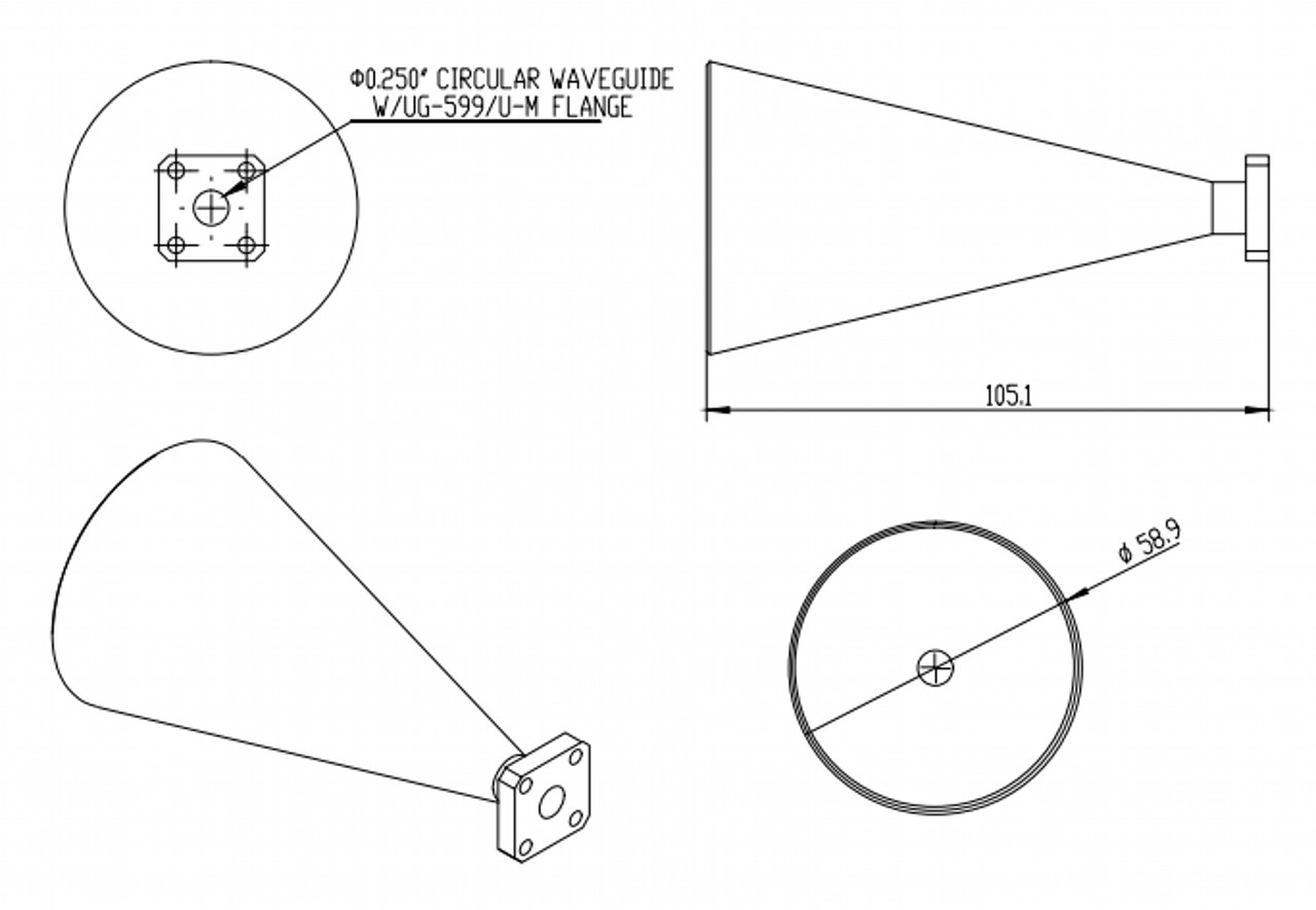 23 dBi Gain, 33 GHz to 38.5 GHz, 0.25″ Diameter Circular Waveguide WR-25 Waveguide K Band Conical Horn Antennas-Outline