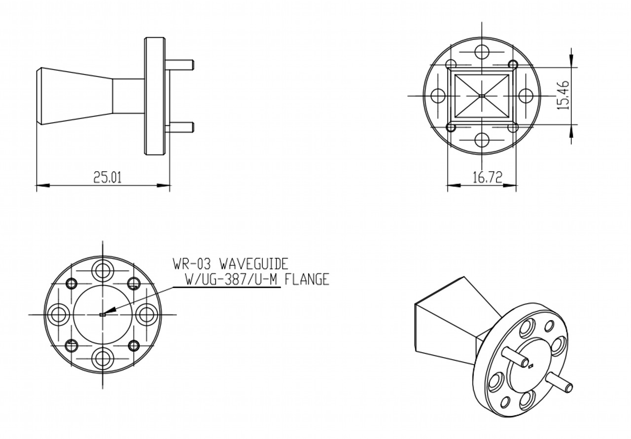 25 dBi Gain, 220 GHz to 325 GHz, WR-03 Waveguide Millimeter SGH Antenna-Outline