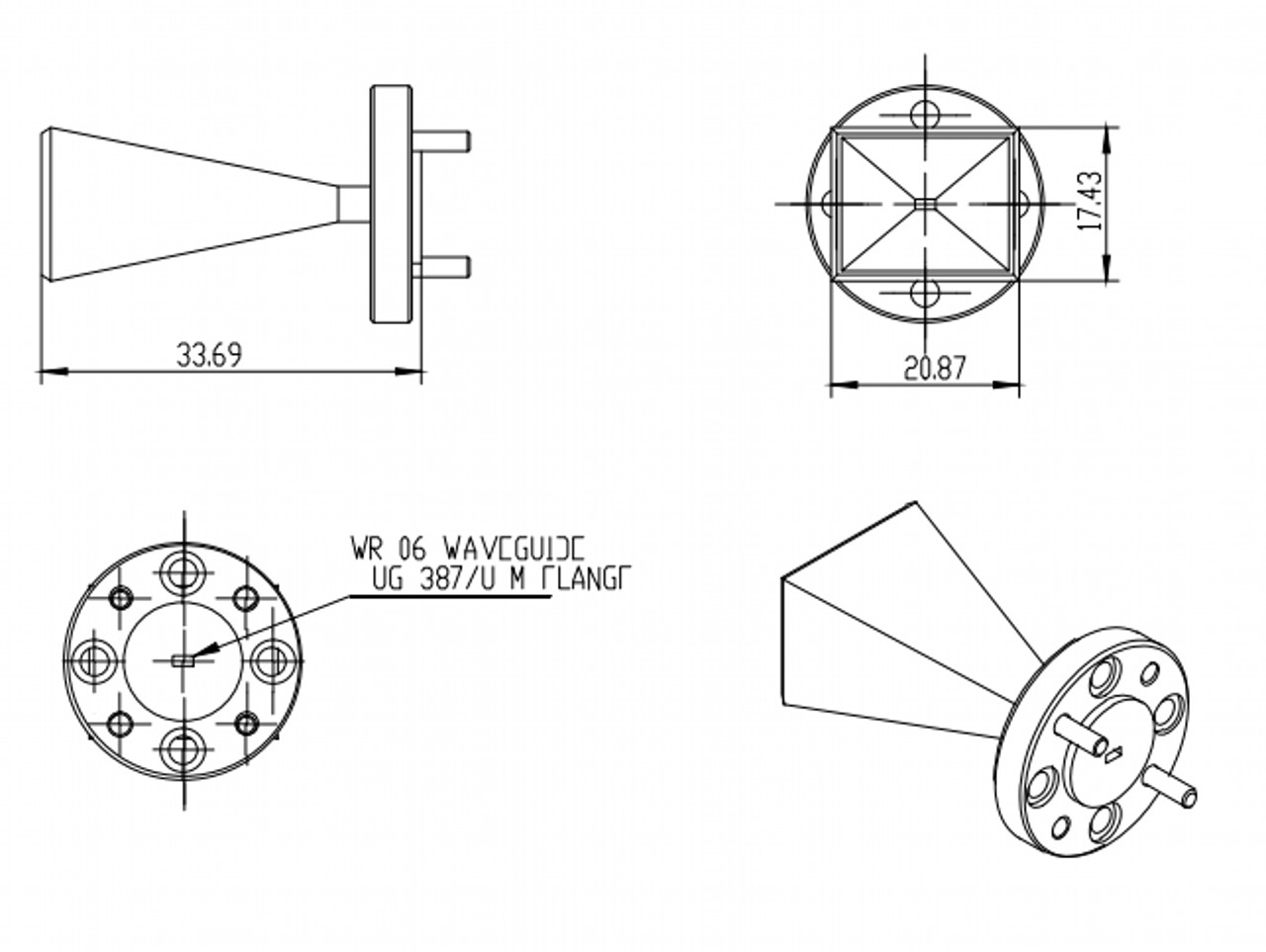 23 dBi Gain, 110 GHz to 170 GHz, WR-06 Waveguide Millimeter SGH Antenna-Outline