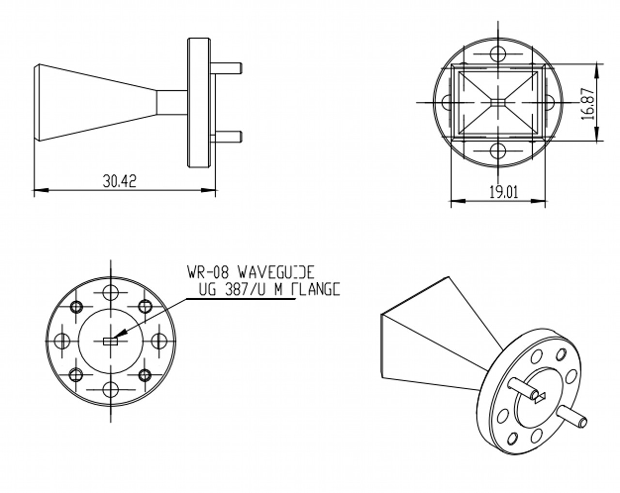 20 dBi Gain, 90 GHz to 140 GHz, WR-08 Waveguide Millimeter SGH Antenna-Outline