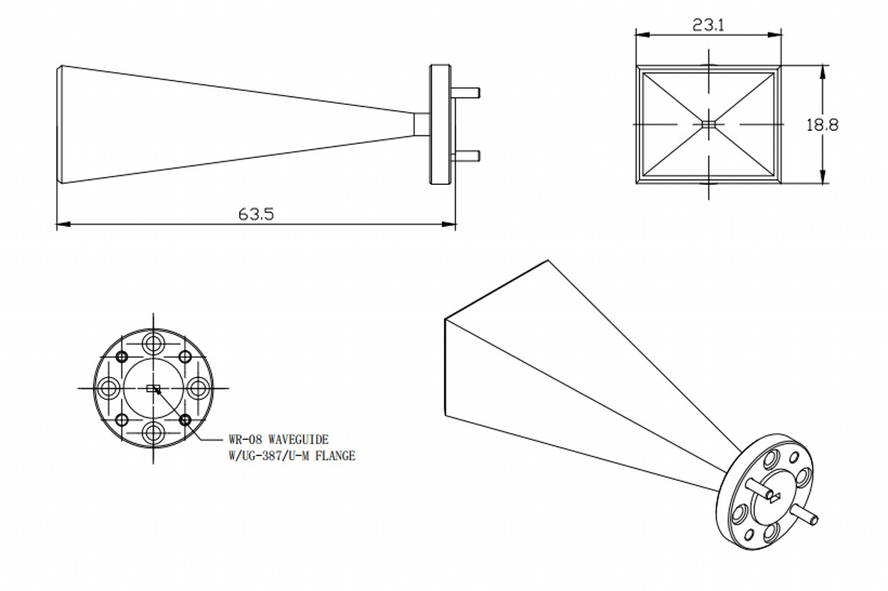 25 dBi Gain, 90 GHz to 140 GHz, WR-08 Waveguide Millimeter SGH Antenna-Outline
