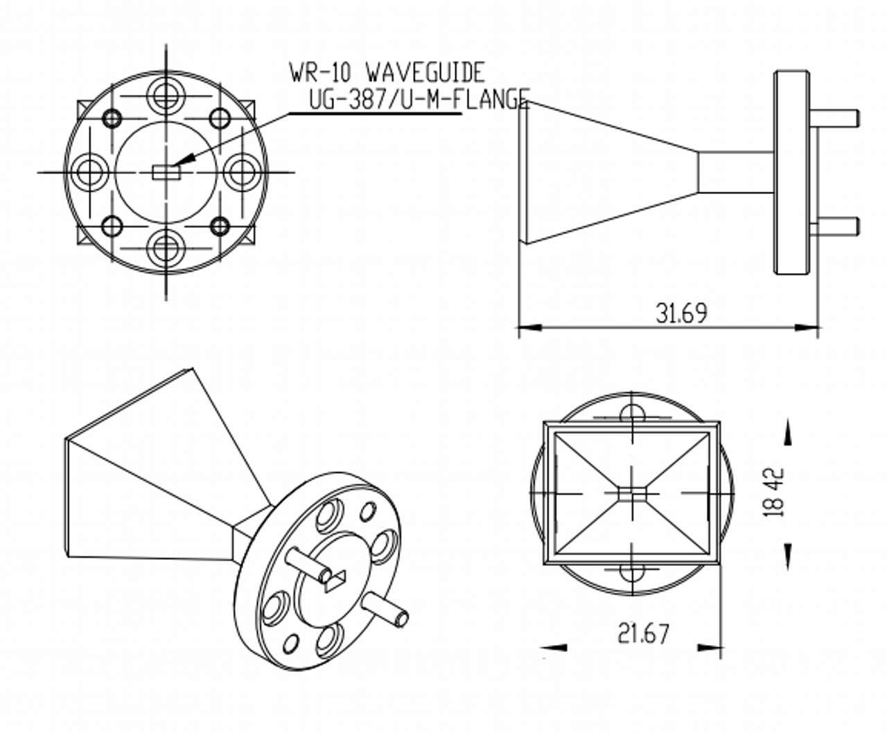 20 dBi Gain, 75 GHz to 110 GHz, WR-10 Waveguide Millimeter SGH Antenna-Outline