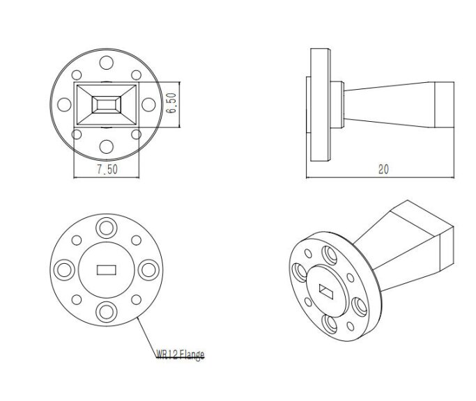 10 dBi Gain, 60 GHz to 90 GHz, WR-12 Waveguide Millimeter SGH Antenna-Outline