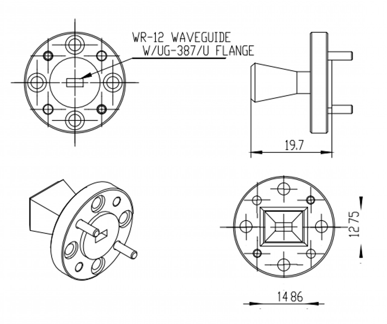 13 dBi Gain, 60 GHz to 90 GHz, WR-12 Waveguide Millimeter SGH Antenna-Outline