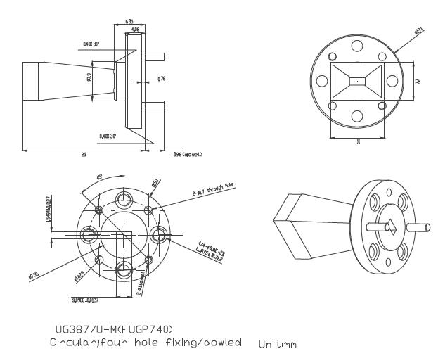 15 dBi Gain, 60 GHz to 90 GHz, WR-12 Waveguide Millimeter SGH Antenna-Outline