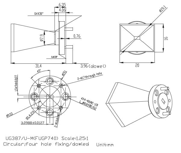20 dBi Gain, 60 GHz to 90 GHz, WR-12 Waveguide Millimeter SGH Antenna-Outline