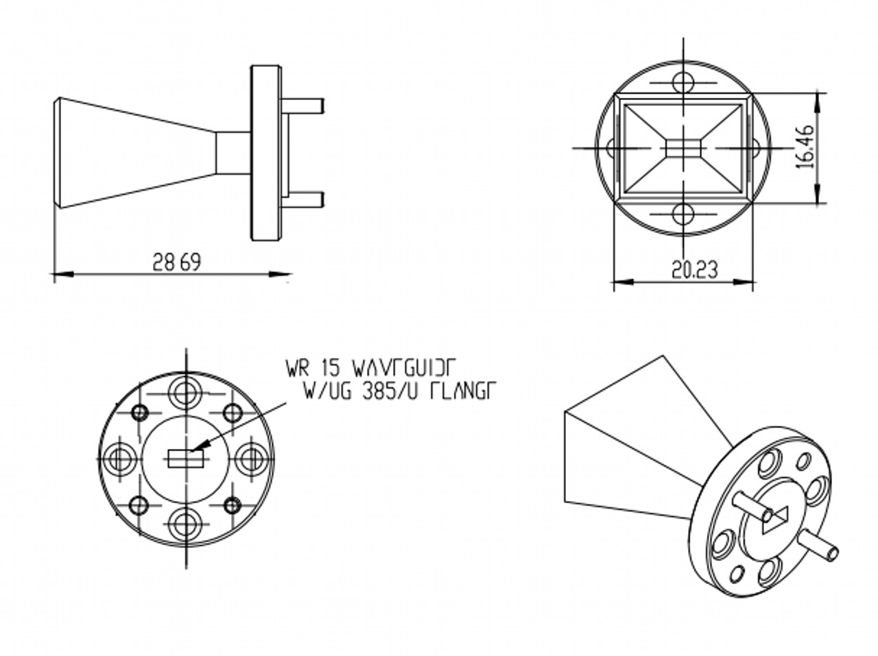 17 dBi Gain, 50 GHz to 75 GHz, WR-15 Waveguide Millimeter SGH Antenna  OLB-15-17-Outline