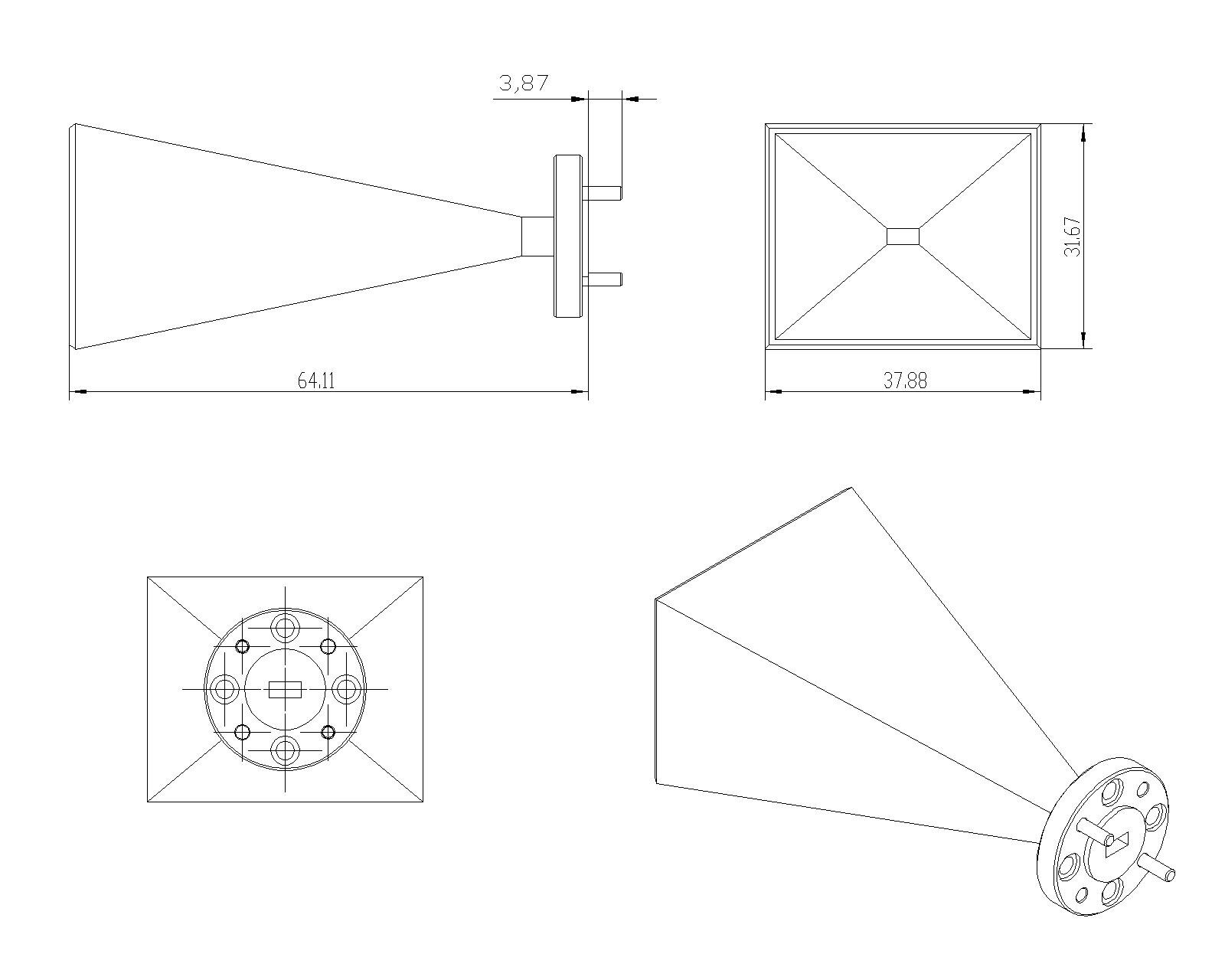 23 dBi Gain, 50 GHz to 75 GHz, WR-15 Waveguide Millimeter SGH Antenna OLB-15-23-Outline