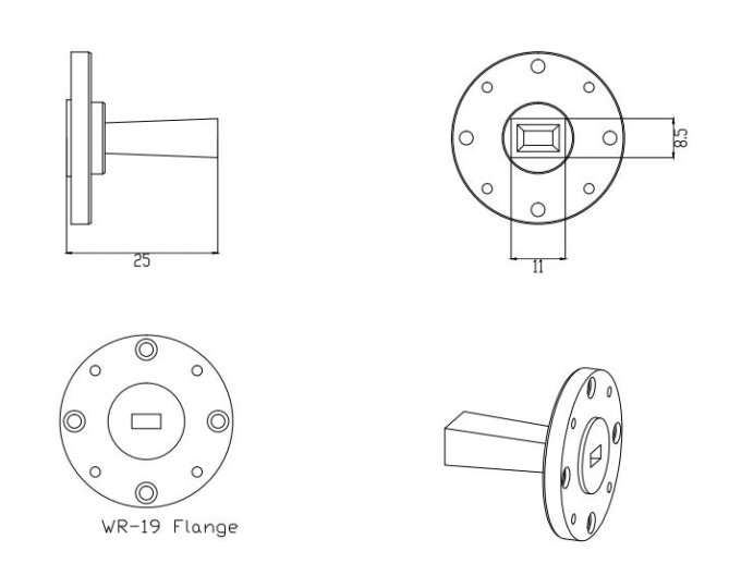 10 dBi Gain, 40 GHz to 60 GHz, WR-19 Waveguide Millimeter SGH Antenna-Outline