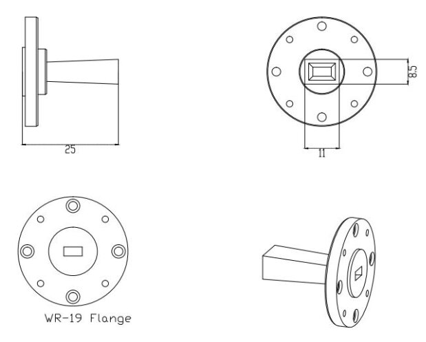 15 dBi Gain, 40 GHz to 60 GHz, WR-19 Waveguide Millimeter SGH Antenna-Outline