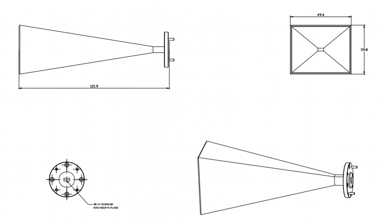 25 dBi Gain, 40 GHz to 60 GHz, WR-19 Waveguide Millimeter SGH Antenna  OLB-19-25-Outline