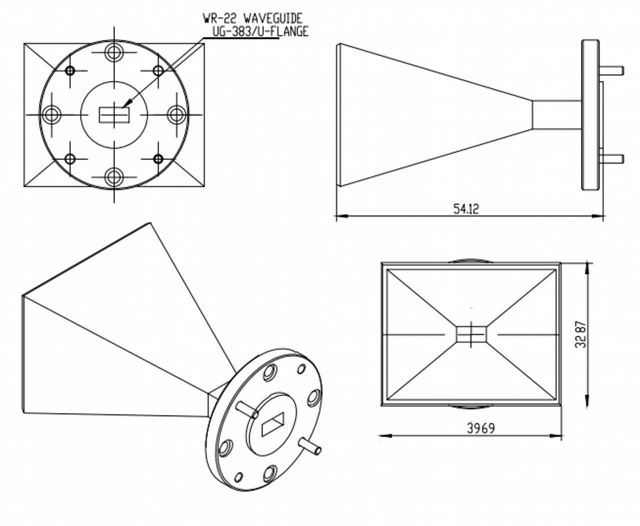20 dBi Gain, 33 GHz to 50 GHz, WR-22 Waveguide Millimeter SGH Antenna  OLB-22-20-Outline