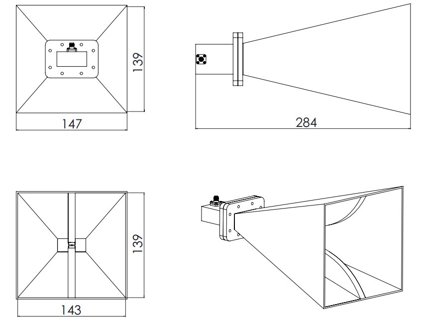 Ultra wide-band dual ridged horn antenna 3.5-8GHz-Outline