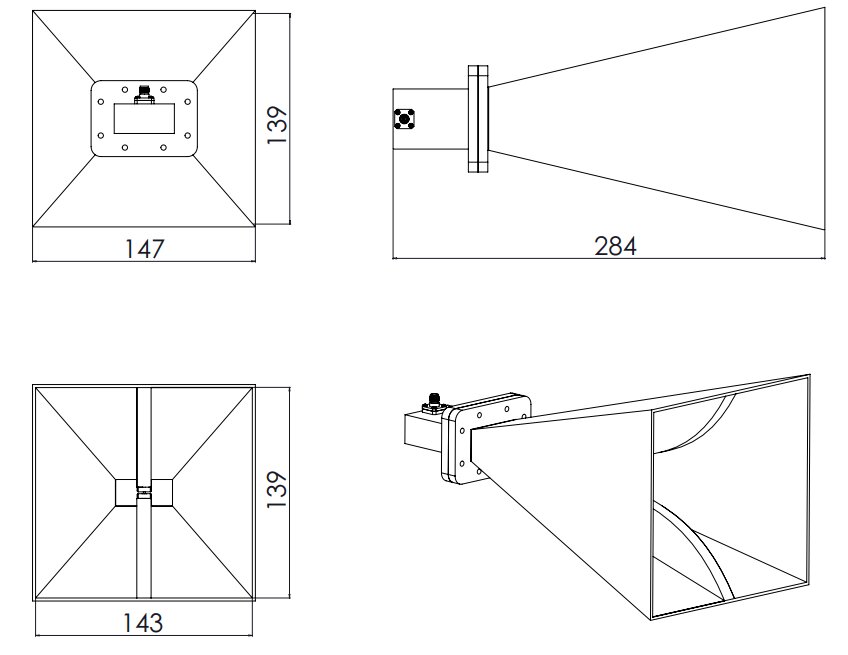 13.5 dBi Gain, 3.5 GHz to 8 GHz, Multi Octave Horn Antenna