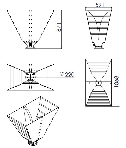 10.5 dBi Gain, 0.2 GHz to 3 GHz Broadband Dual Ridged Horn Antenna OBH-230 10.5 dBi Gain, 0.2 GHz to 3 GHz Broadband Dual Ridged Horn Antenna OBH-230