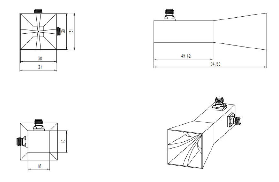 22 GHz to 44 GHz, 15 dBi to 20 dBi Gain, Dual Polarized Horn Antenna, 2 -2.92mm Connectors, Dual Polarized Horn Antenna ODPA-220440-Outline