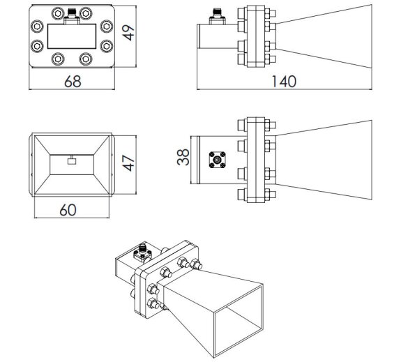 10 dBi Gain, 5.9 GHz to 8.2 GHz, WR-137 Waveguide Standard Gain Horn Antenna-Outline