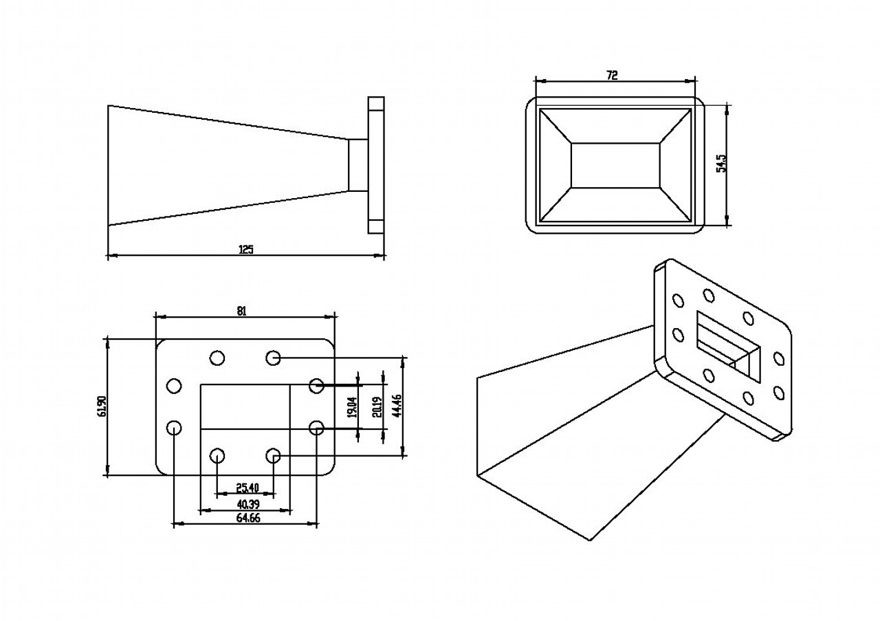 10 dBi Gain, 4.9 GHz to 7.1 GHz, WR-159 Waveguide Standard Gain Horn Antenna-Outline
