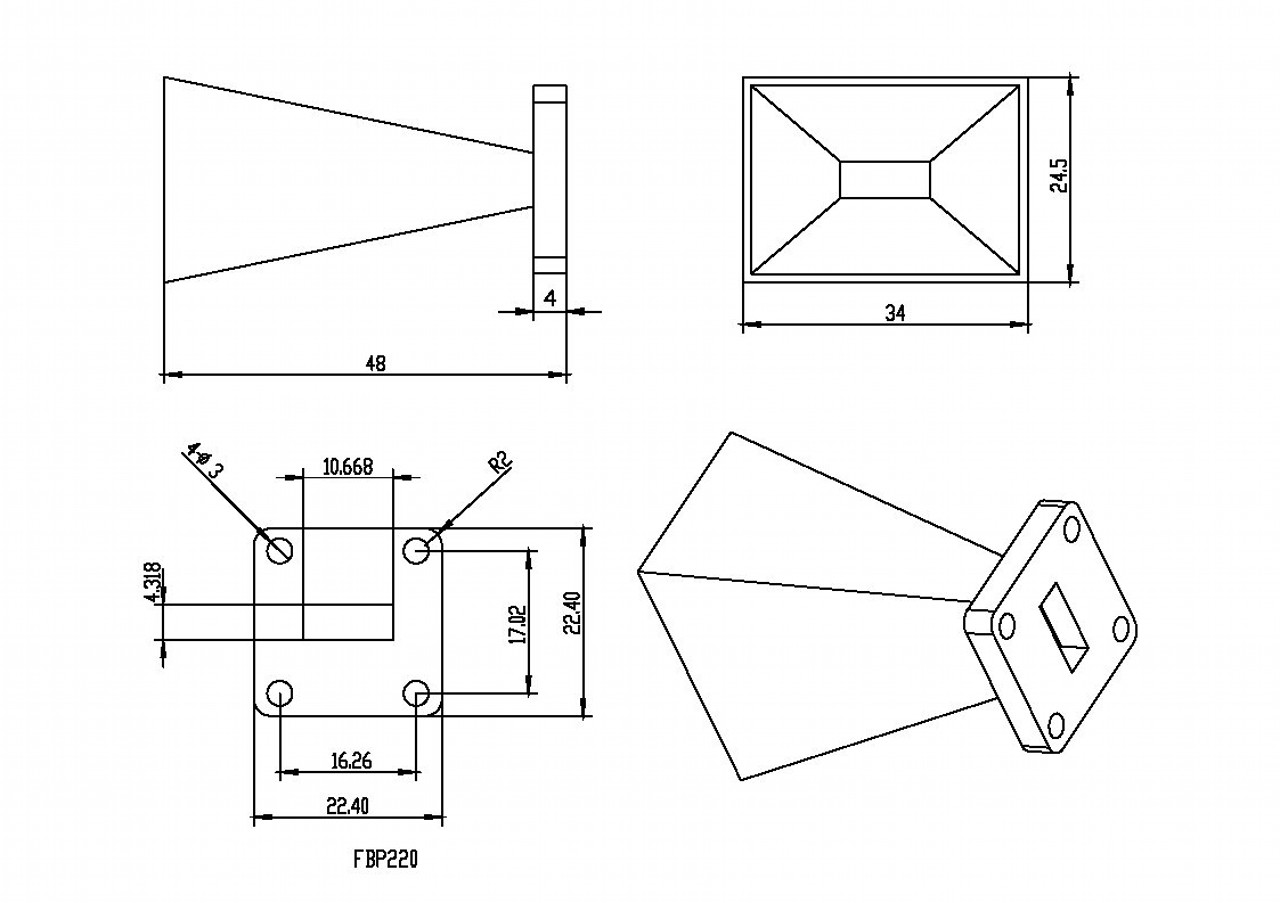15 dBi Gain, 18 GHz to 26.5 GHz, WR-42 Waveguide Standard Gain Horn Antenna-Outline