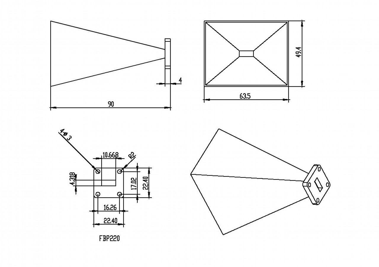 20 dBi Gain, 18 GHz to 26.5 GHz, WR-42 Waveguide Standard Gain Horn Antenna-Outline