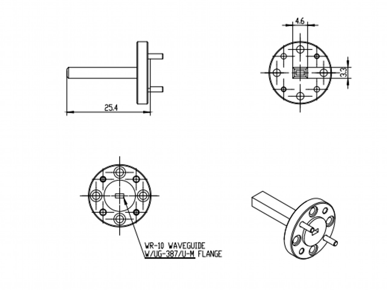6.5 dBi Gain, 75 GHz to 110 GHz, WR-10 Waveguide Probe Antenna-Outline