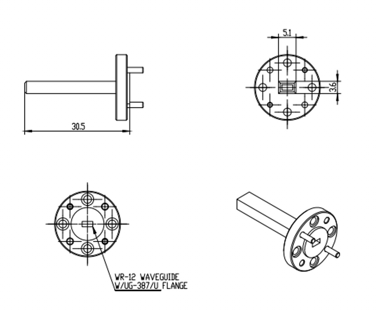 6.5 dBi Gain, 60 GHz to 90 GHz, WR-12 Waveguide Probe Antenna-Outline