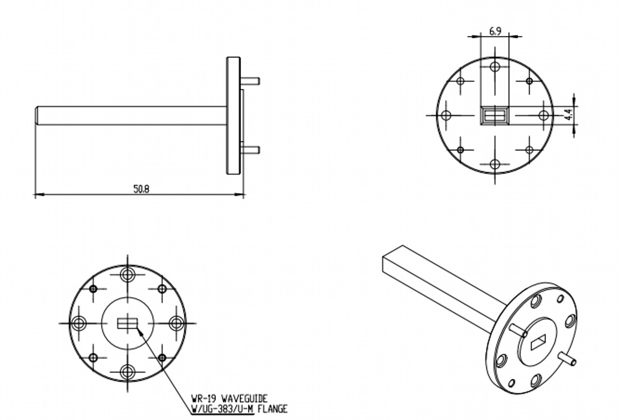 6.5 dBi Gain, 40 GHz to 60 GHz, WR-19 Waveguide Probe Antenna-Outline