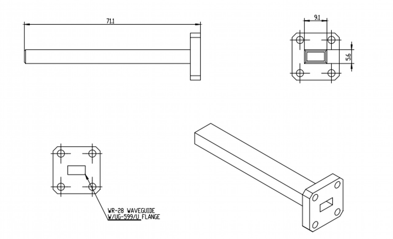 6.5 dBi Gain, 26.5 GHz to 40 GHz, WR-28 Waveguide Probe Antenna-Outline