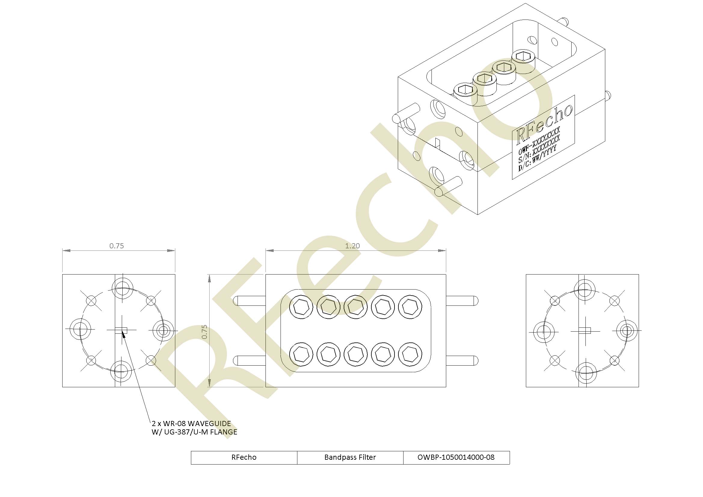RF bandpass filter 105GHz to 140GHz F band waveguide bandpass filter with Rejection Frequency 145GHz to 180GHz