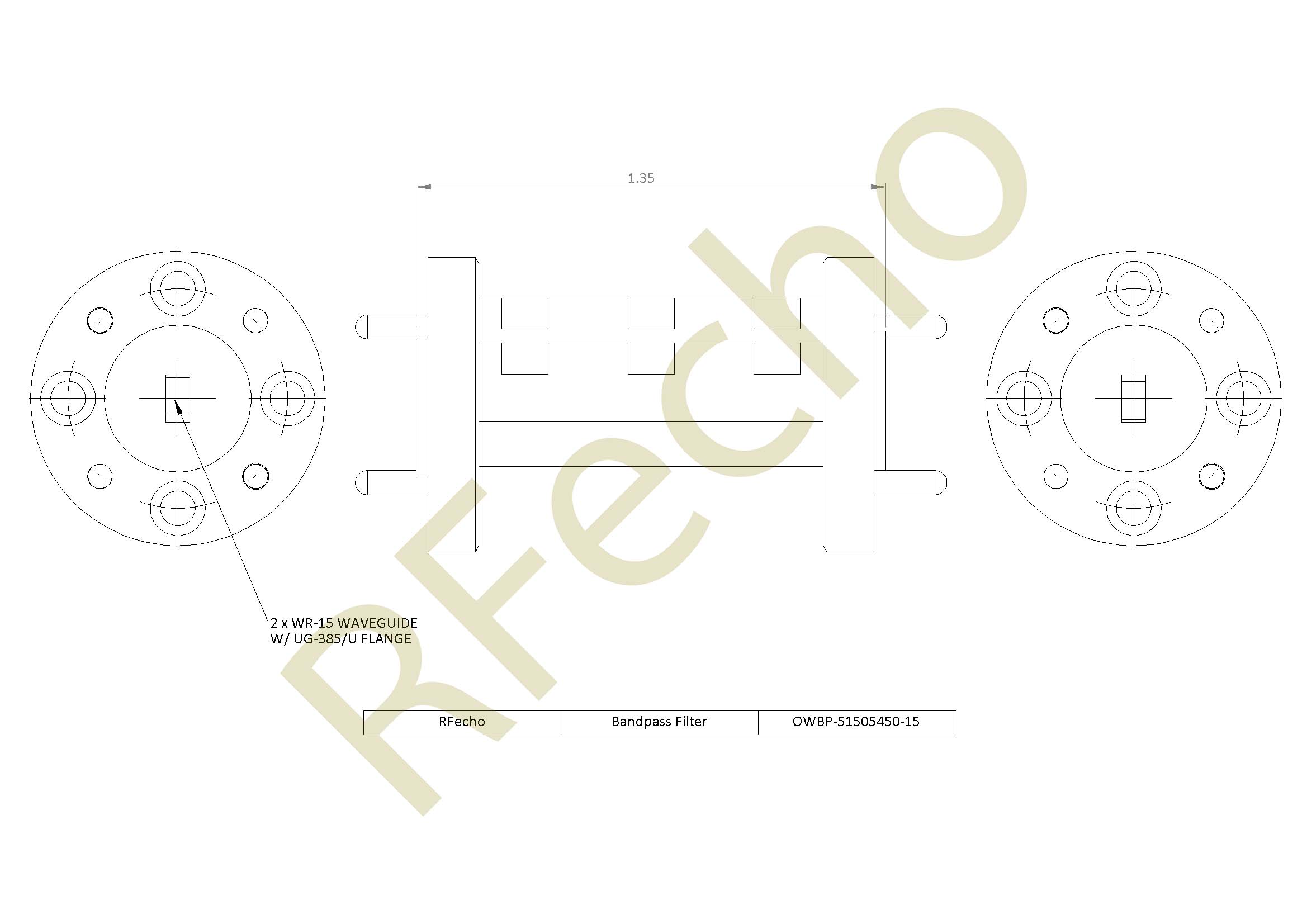 Bandpass RF Filter 51.5GHz to 54.5GHz Waveguide Microwave Filter Rejection Frequency 62GHz to 70GHz