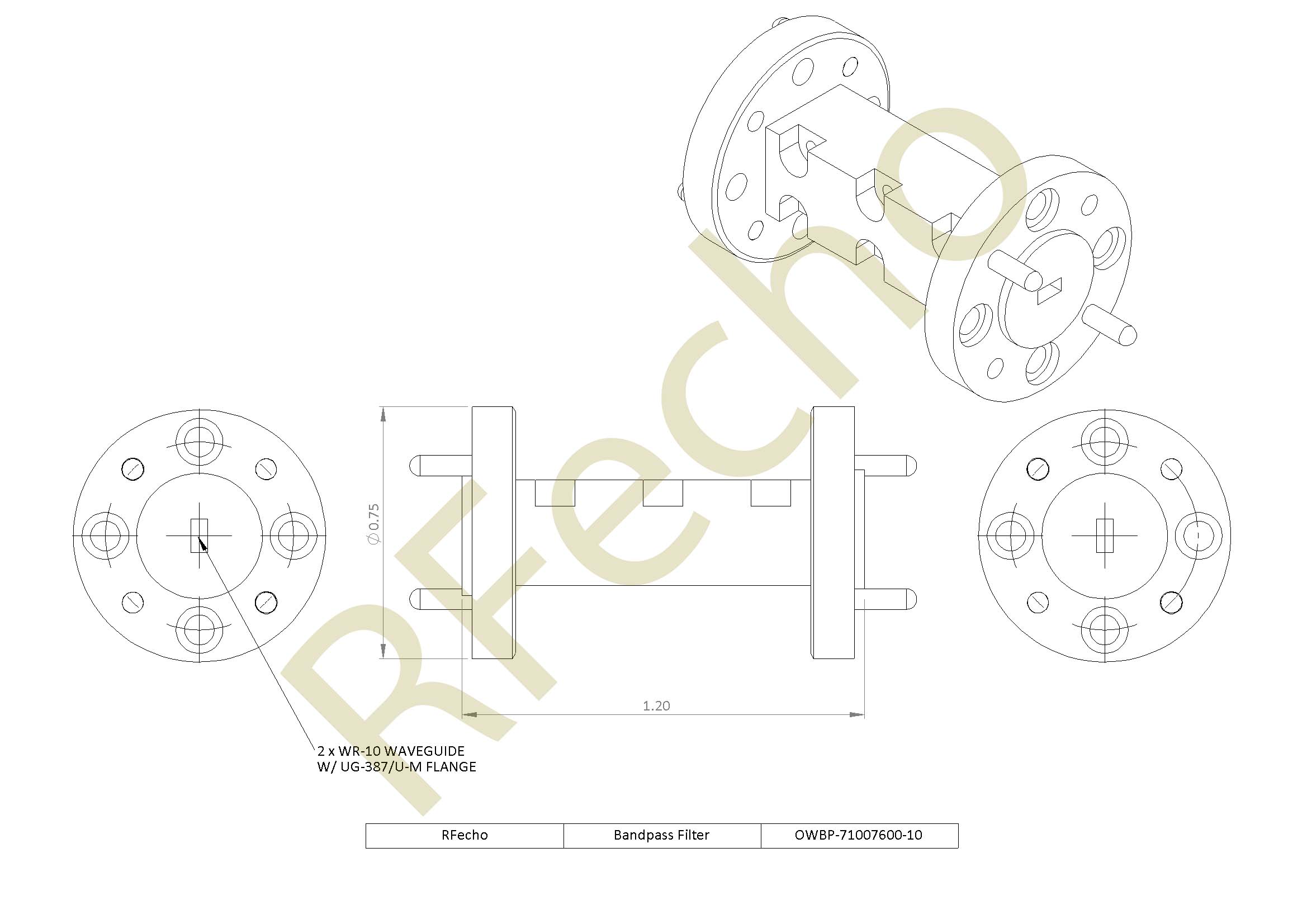 71GHz to 76GHz RF Microwave Bandpass Filter Rejection Frequency 81GHz to 105GHz W Band RF Waveguide Bandpass Filter