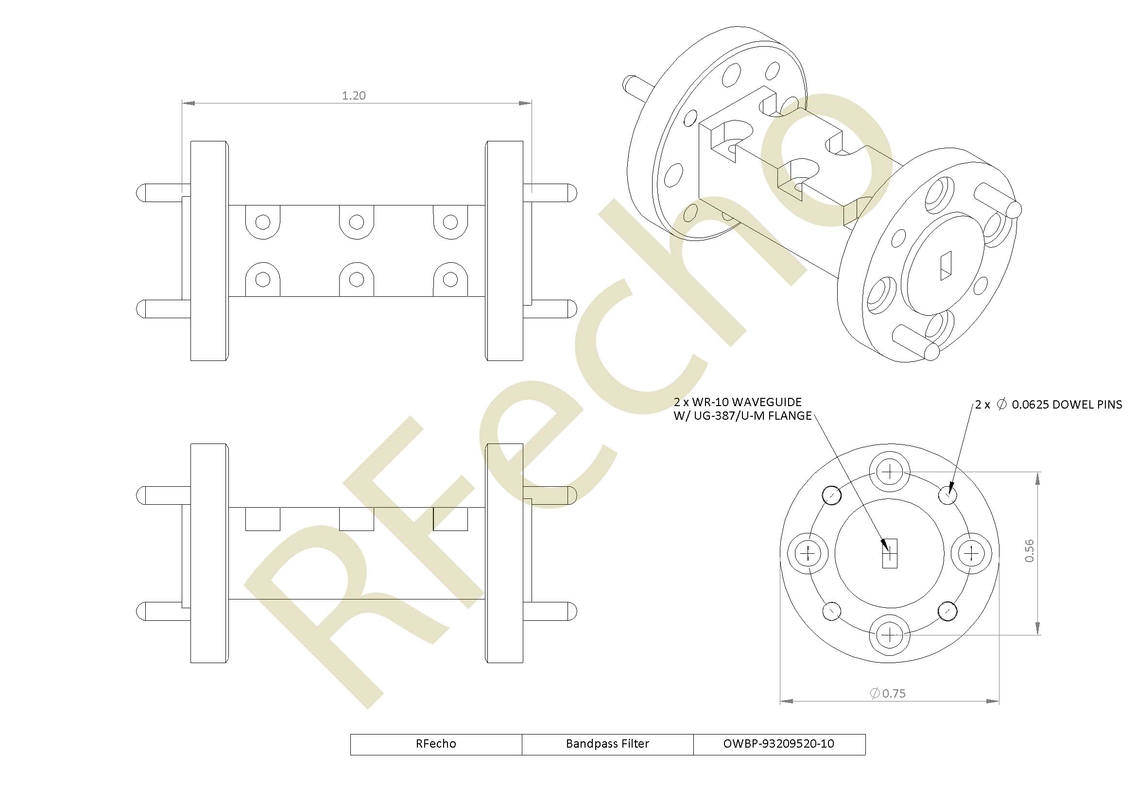 Bandpass Waveguide RF Filter 93.2GHz to 95.2GHz W Band Waveguide Bandpass Filter Rejection Frequency 98.5GHz to 105GHz