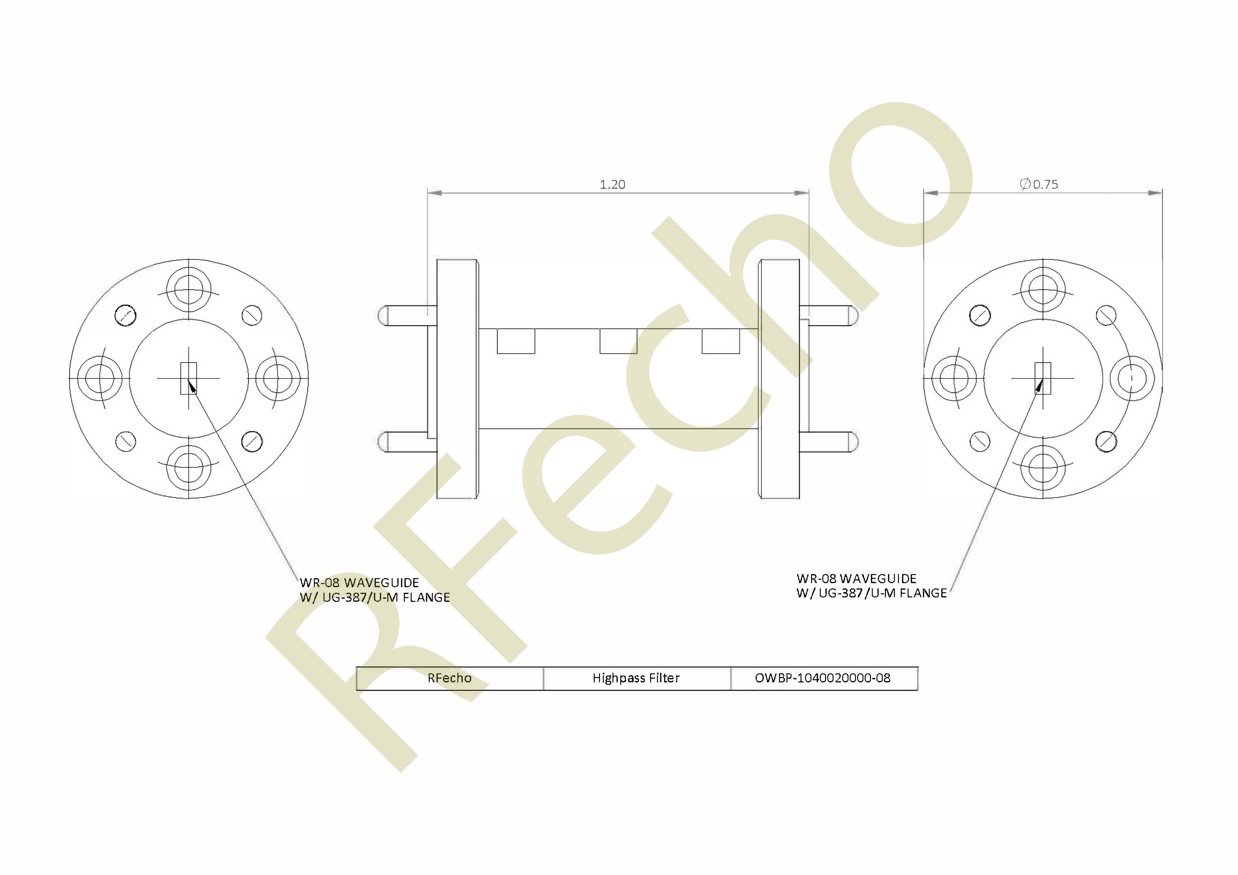 RF High Pass Filter 104GHz to 200GHz Waveguide High pass filter rejection 40dB DC-100GHz