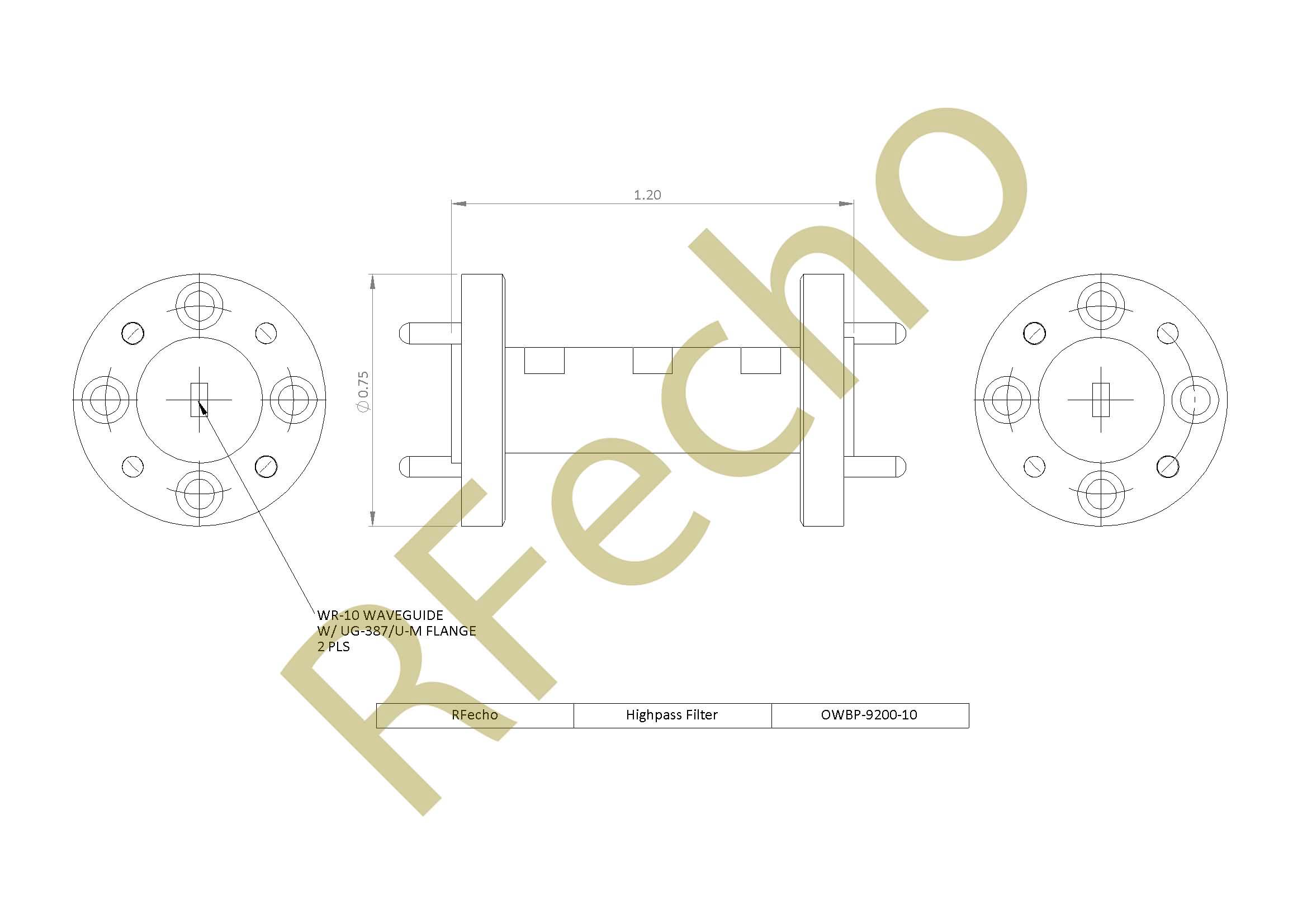 92GHz RF High Pass Filter rejection 40dB DC-86GHz W Band Waveguide High Pass Filter