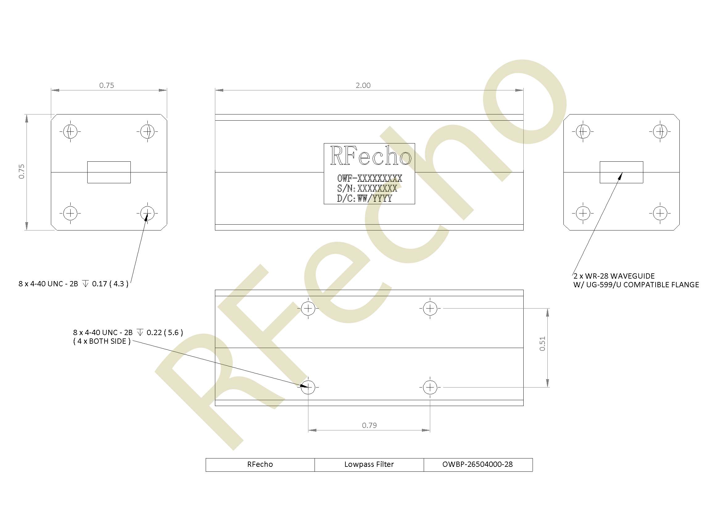 Low Pass RF Filter 26.5GHz to 40GHz WR-28 Waveguide low pass Filter with Rejection Frequency 40GHz to 90GHz