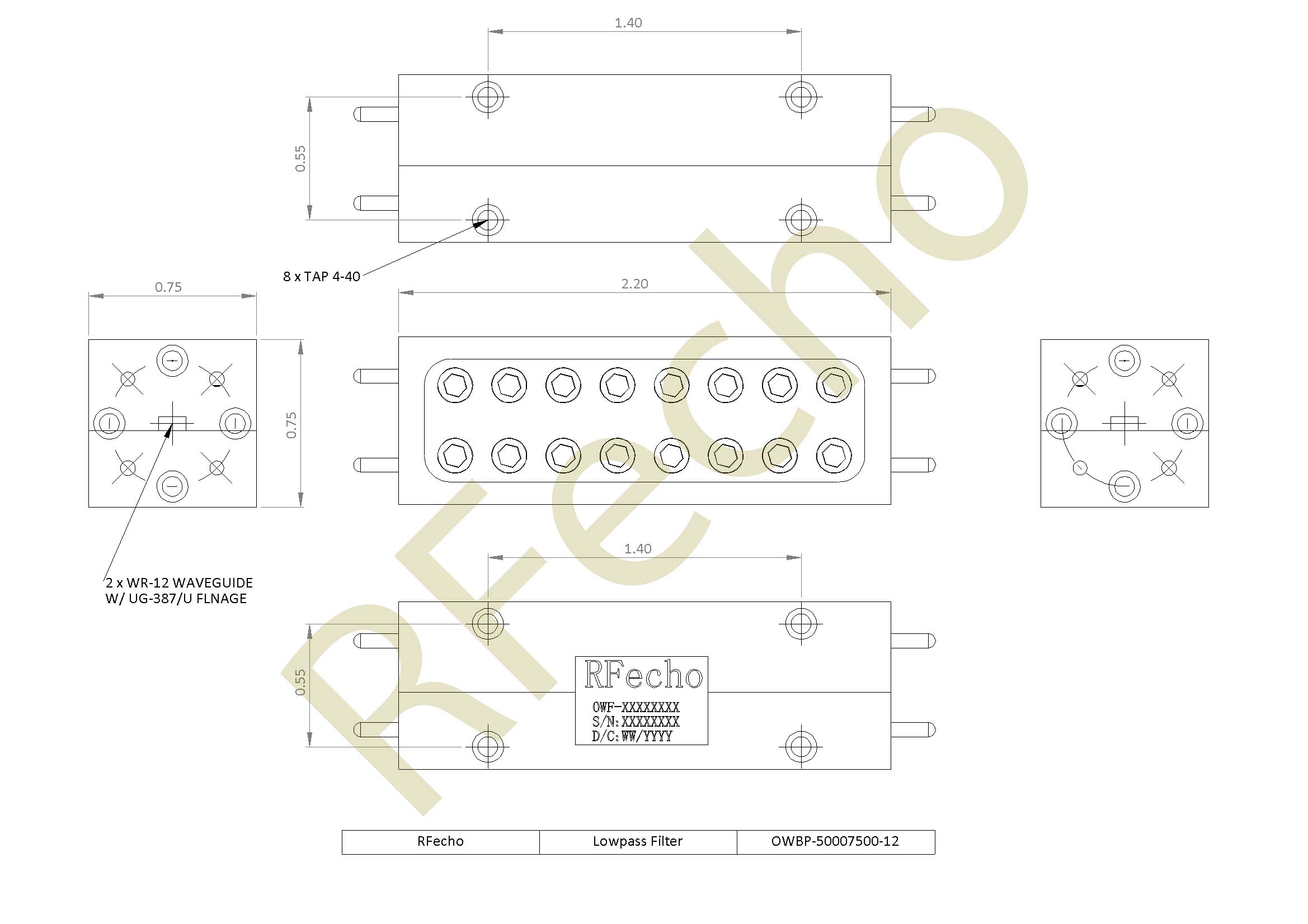 E Band Waveguide low pass Filter 50GHz to 70GHz RF Microwave Filter with Rejection Frequency 79GHz to 110GHz